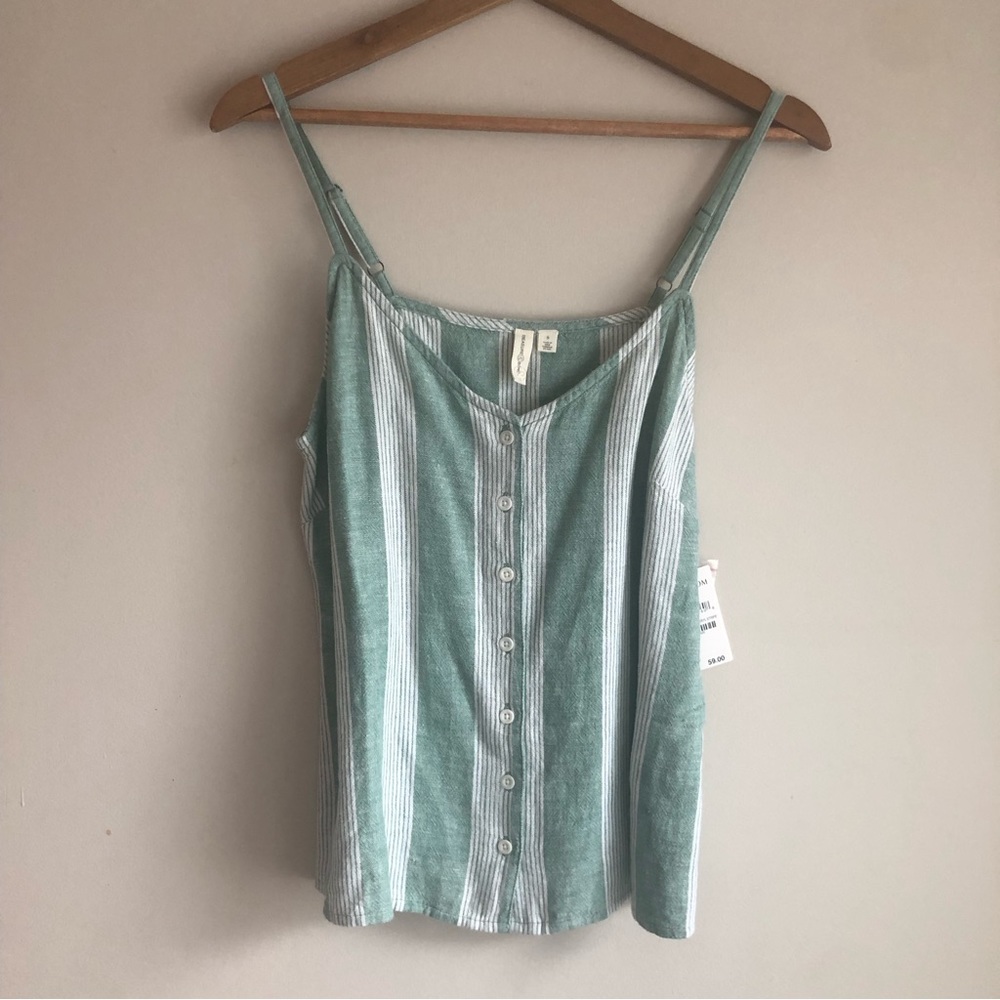 Treasure & Bond Green Button Front Striped Linen Blend Cami Tank Size Small